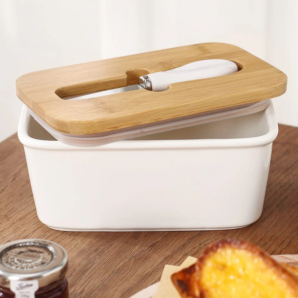 Nils | Beurrier en Céramique avec Couvercle en Bois